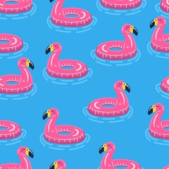 Iinflatable swimming ring seamless pattern. Pink flamingo in water. Cartoon vector illustration © Алина Калугина
