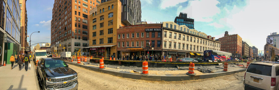 NEW YORK CITY - DECEMBER 1, 2018: Tourists and locals along Meatpacking District in Manhattan, panoramic view
