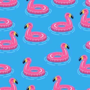 Iinflatable swimming ring seamless pattern. Pink flamingo in water. Cartoon vector illustration