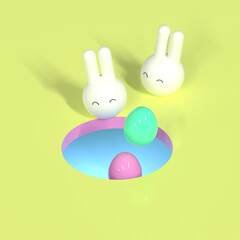 3d render. Easter composition with bright green and pink eggs flying from hole near two white bunnies on yellow background. Spring holidays season.