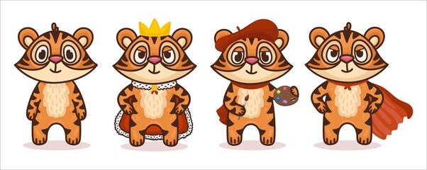 Set or tiger cartoon character. Different professions. Vector illustration for children products