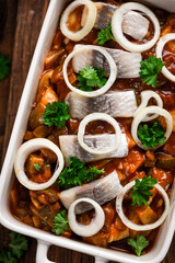 Pickled and Marinated Kashubian Herring. Polish Traditional Dish