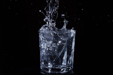 splashing water while pouring into a standing glass on a black background