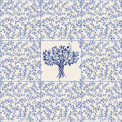 Illustrated ceramic tile. Pattern of hand-drawn olive branches and olive tree