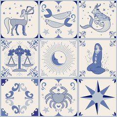 Illustrated ceramic hydraulic tile typical of Spain, Italy and Portugal