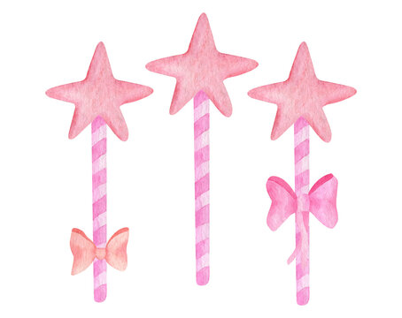Watercolor cute lollipops with striped colorful sticks and bows set. Hand painted pink star shaped candies with ribbon bow. Kid magic wand toy for baby girls isolated on white background for cards.