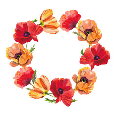 Flower wreath of scarlet, red and orange poppies, watercolor