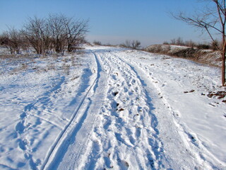 Panorama of a winter road on a compacted snow carpet, stretching upwards into the infinity of sky blue.