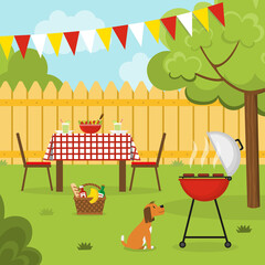 Barbecue party in the backyard with fence, trees, bushes and dog. Holliday dinner in the garden. Outside party in a summer house. Vector illustration.