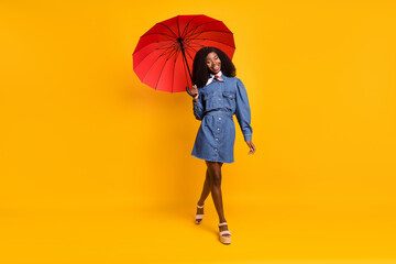 Full size portrait of charming cheerful dark skin person hand hold umbrella isolated on yellow color background © deagreez