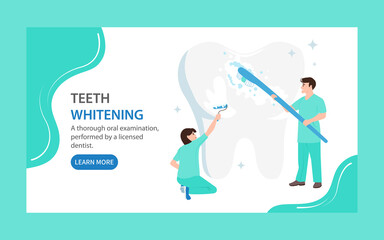 Teeth whitening landing page. Doctors clean and cover a large tooth with white varnish. Dental care concept.