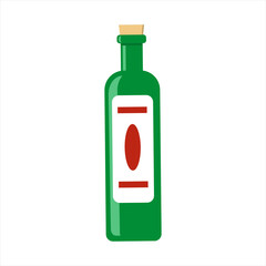 Green glass bottle of red wine with cork top and white label. Isolated vector illustration.