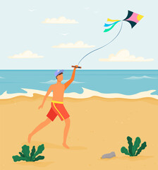 Man on beach having fun with kite. Vector sand and sea coast, guy in hat playing with air toy
