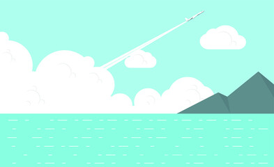 Flying plane against the sky. Mountains, clouds, sea. Background for the inscription.