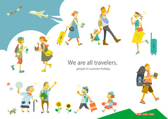 夏の旅行へ向かウキウキがあふれる笑顔の人々のイラスト　フレーム © fumi