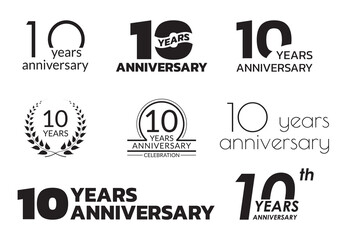 10 years anniversary icon or logo set. 10th birthday celebration badge or label for invitation card, jubilee design. Vector illustration. - obrazy, fototapety, plakaty