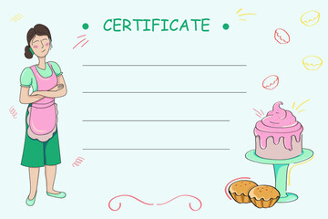 Bakery design. young women. post card. Fresh sweet foods cupcakes muffin and other baking products illustrations. Hand drawn vector isolated