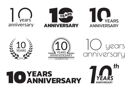 10 years anniversary icon or logo set. 10th birthday celebration badge or label for invitation card, jubilee design. Vector illustration.