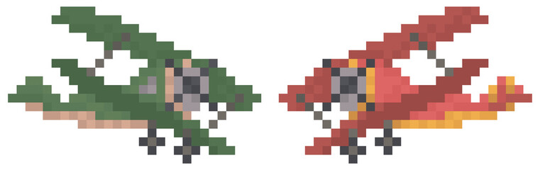 Pixel helicopters for old game. Air transport vector illustration. Airplanes for design layout