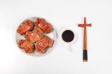 Close up of Chinese mitten crab, shanghai hairy crabs isolated on white background.