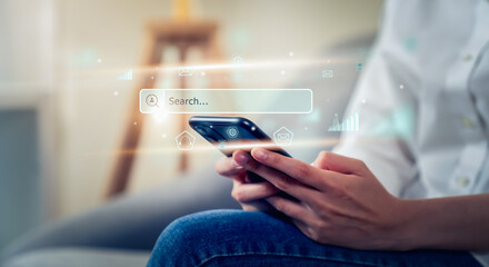 Woman hand using smartphone and press screen to search Browsing on the Internet online.