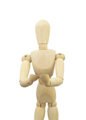 Wooden mannequin with connected hands for holding object isolated on white background