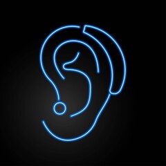 Hearing amplifier neon sign, modern glowing banner design, colorful modern design trends on black background. Vector illustration.