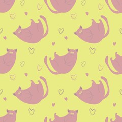 seamless pattern of cute pink cats on a yellow background