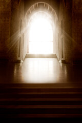 Church Interior. Window Light in Dark Inside Room. Shining Door in front Empty Steps. Mystery...