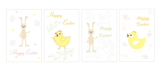 Fototapeta na wymiar A set of cute vector Easter greeting cards with images of rabbit, chicken, flowers and twigs.