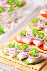 Sandwiches with herring and vegetables