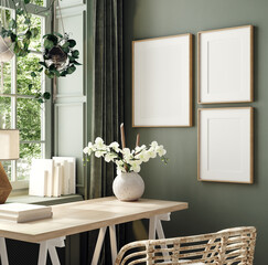 Cozy workplace interior at home with frame mockup, 3d render © artjafara