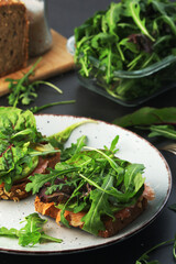 Sandwiches with salmon, avocado and salad