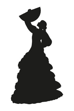 Silhouette of a woman Flamenco dancer with hand fan isolated on white background. Spanish culture. Flat vector illustration