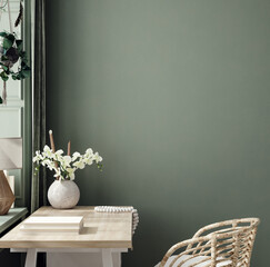 Cozy dark green workplace interior at home, wall mockup, 3d render © artjafara