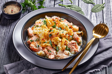 a portion of salmon pot pie, top view