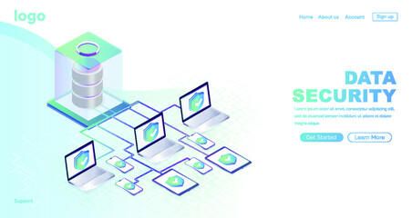 Data protection concept. Data security protection. Isometric flat vector concept illustration. Security and antivirus protection. Data center. Isometric vector illustration.