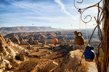 Cappadocia, Turkey - December 20, 2019: Ethnic things and toys and view from top place on the...