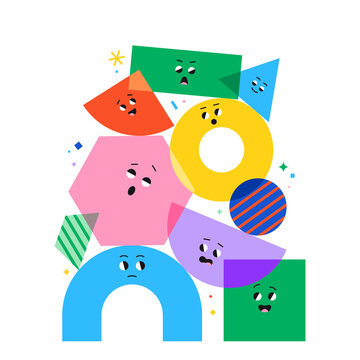 Cute cartoon geometric figures with different face emotions, funny poster idea for kids. Colorful characters, trendy vector illustrations, basic various figures for children education.