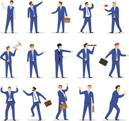 Fototapeta na wymiar Men in blue business suits on a white background. Business men characters set. Vector illustration.