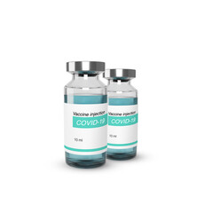 Realistic glass bottle with vaccine from covid-19. Vaccination and treatment web banner template. vector illustration