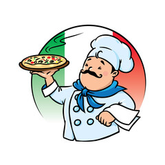 Funny italian chef with pizza. Emblem design