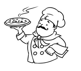 Funny italian chef with pizza. Emblem design - 420413186