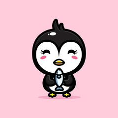 vector design of cute cartoon animal penguin holding fish