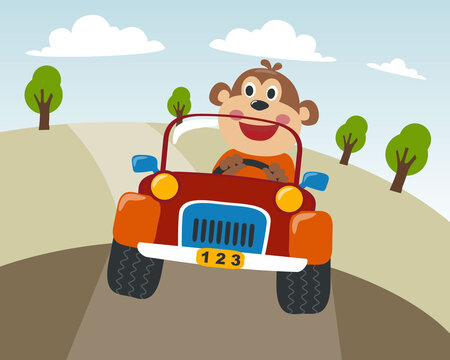 Cute monkey cartoon having fun driving a car in vilage on sunny day. Vector childish background for fabric textile, nursery wallpaper, card, poster and other decoration. Vector illustration.