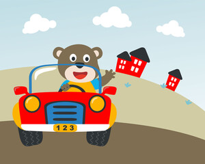 Cute bear cartoon having fun driving a city car on sunny day. Vector childish background for fabric textile, nursery wallpaper, card, poster and other decoration. Vector illustration.