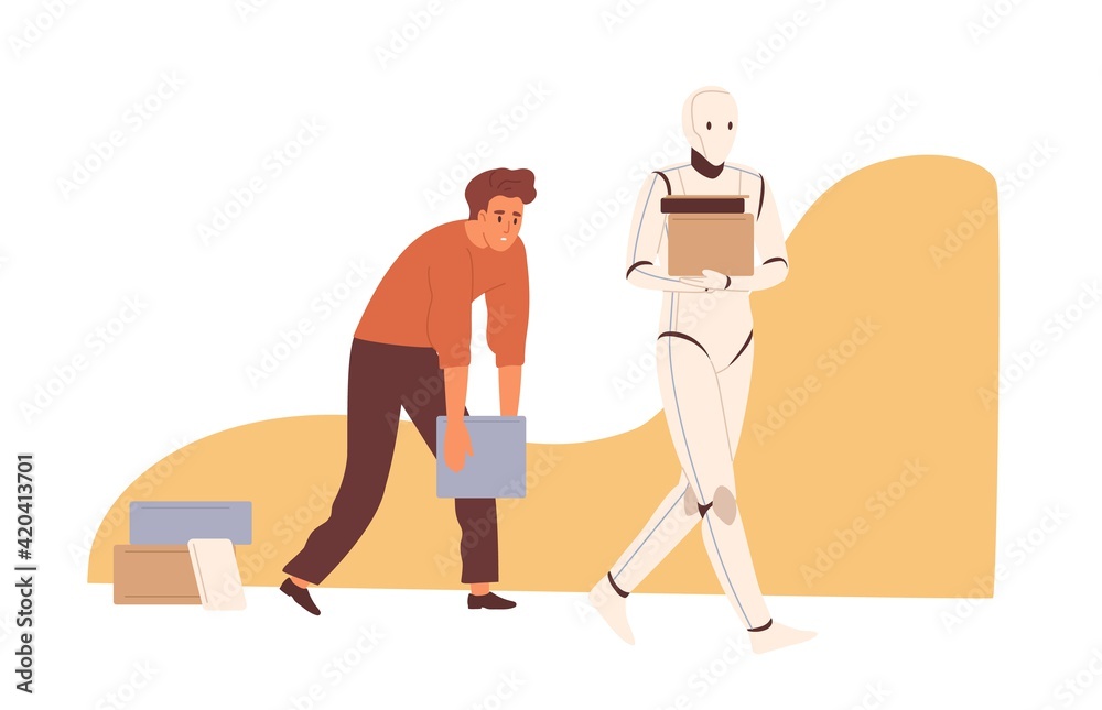 Poster Robot vs human concept. AI versus people. Artificial intelligence working better than man. Machine replacing person in physical labor. Colored flat vector illustration isolated on white background
