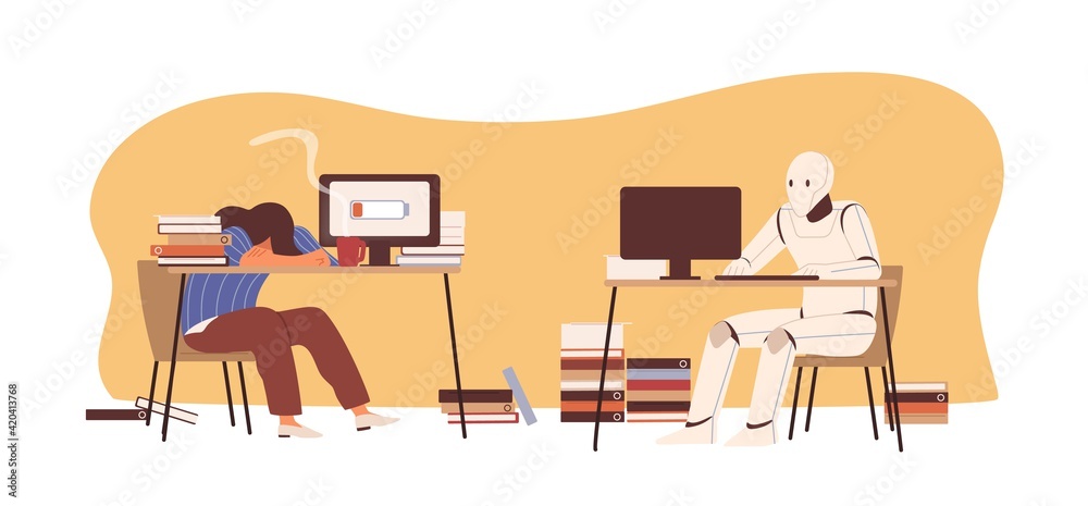Poster robot vs human concept. ai versus people at work. artificial intelligence with high productivity at 