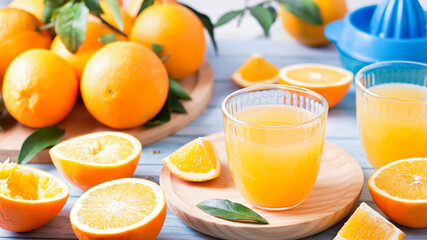 Two glasses of fresh juice, fruit squeezer and ripe fresh oranges on blue wooden table top, fresh...
