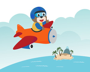 Cute bear flying in airplane cartoon hand drawn vector illustration. Can be used for t-shirt printing, children wear fashion designs, baby shower invitation cards and other decoration.